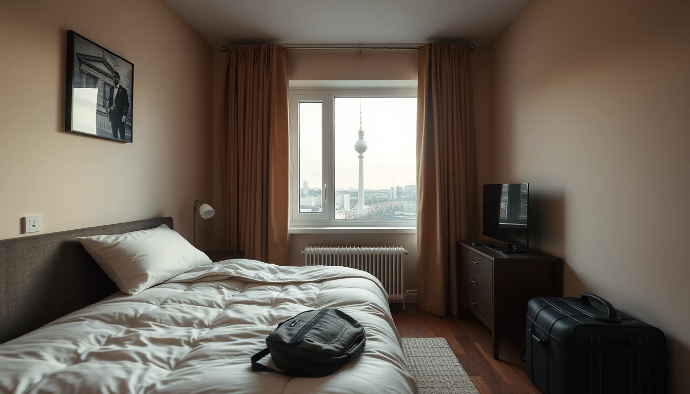 KI-Symbolbild: Ein kleines Zimmer mit Bett, Reisetasche und Koffer, durch das Fenster ist in der Ferne der Berliner Fernsehturm zu sehen.