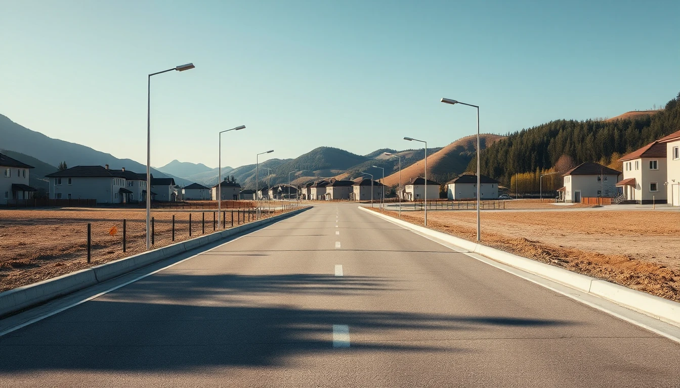 KI-Symbolbild: Eine neu asphaltierte Zufahrtsstraße mit Straßenlaternen führt zwischen leeren Bauplätzen in ein Dorf vor bewaldeten Hügeln.