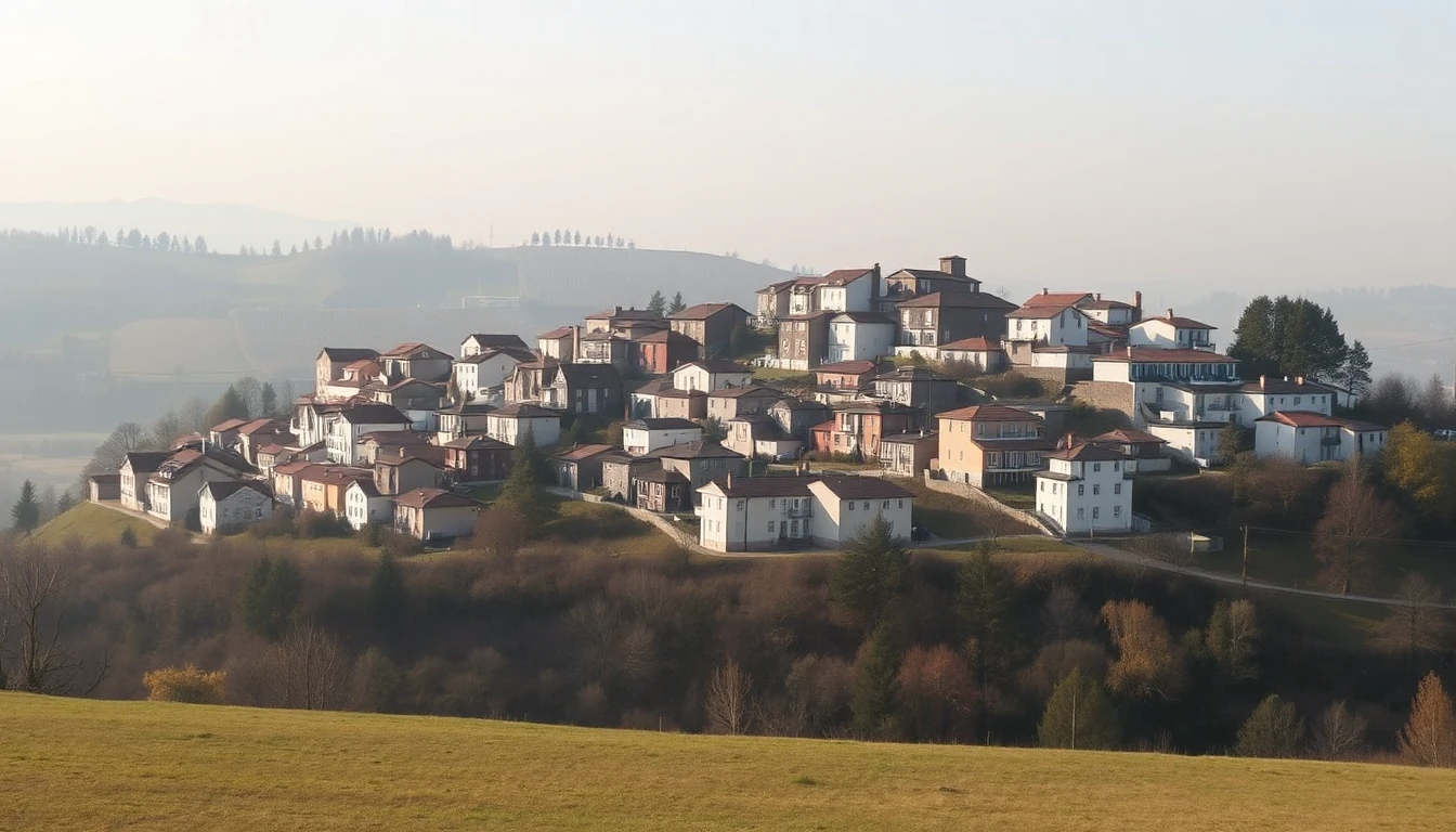 KI-Symbolbild: Eine dichte Gruppe von Wohnhäusern an einem Hang, über das Tal hinweg im dunstigen Nachmittagslicht gesehen.