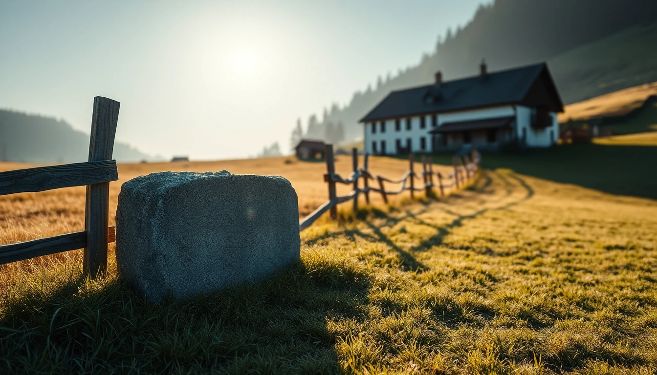 KI-Symbolbild: Ein Grenzstein im Gras neben einem alten Holzzaun auf einer Wiese, im Hintergrund ein Bauernhaus in der Morgensonne.