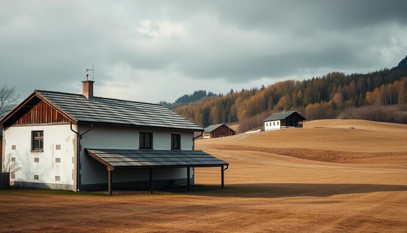 KI-Symbolbild: Ein älteres Haus mit verwittertem Dach am Rand eines Feldes, gegenüber ein Bauernhof vor bewaldeten Hängen unter Wolken.
