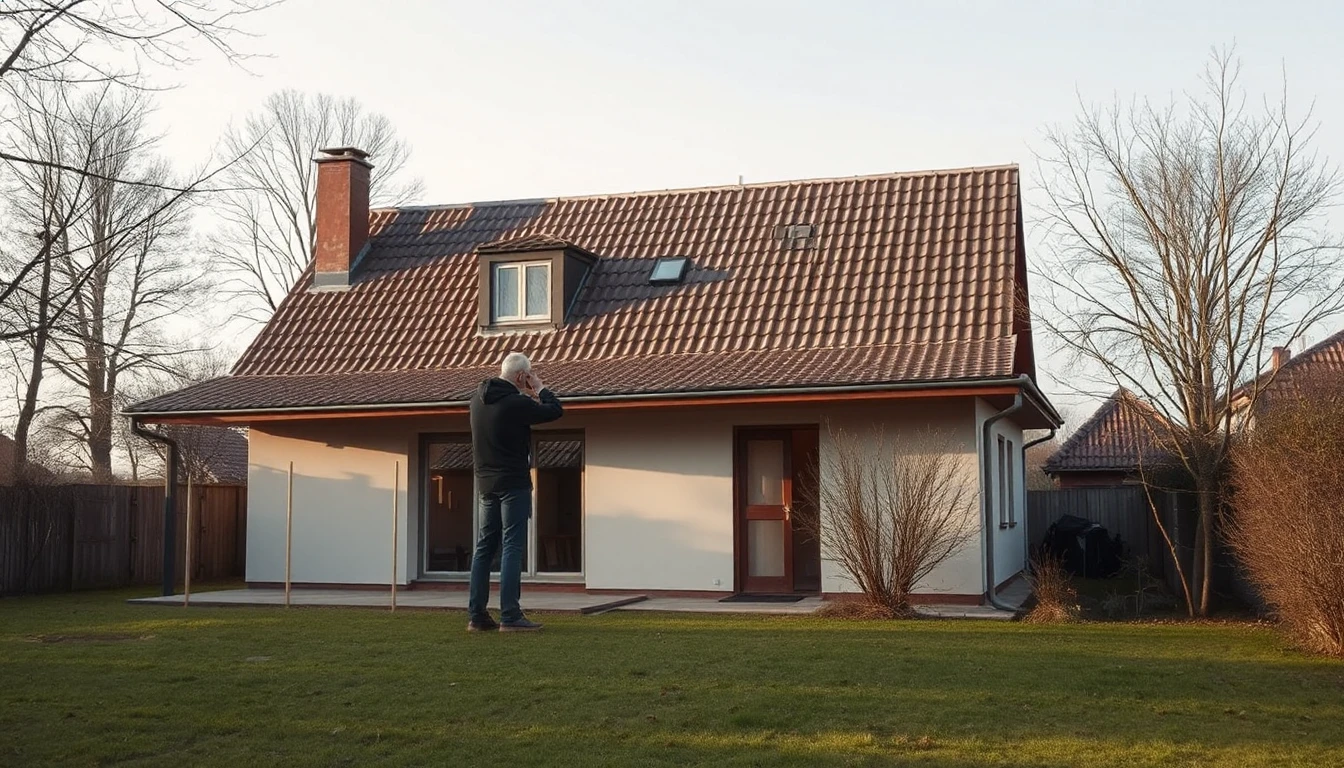 KI-Symbolbild: Eine Person steht von hinten gesehen im Garten vor einem älteren eingeschossigen Haus, an der Wand stecken Holzpflöcke.