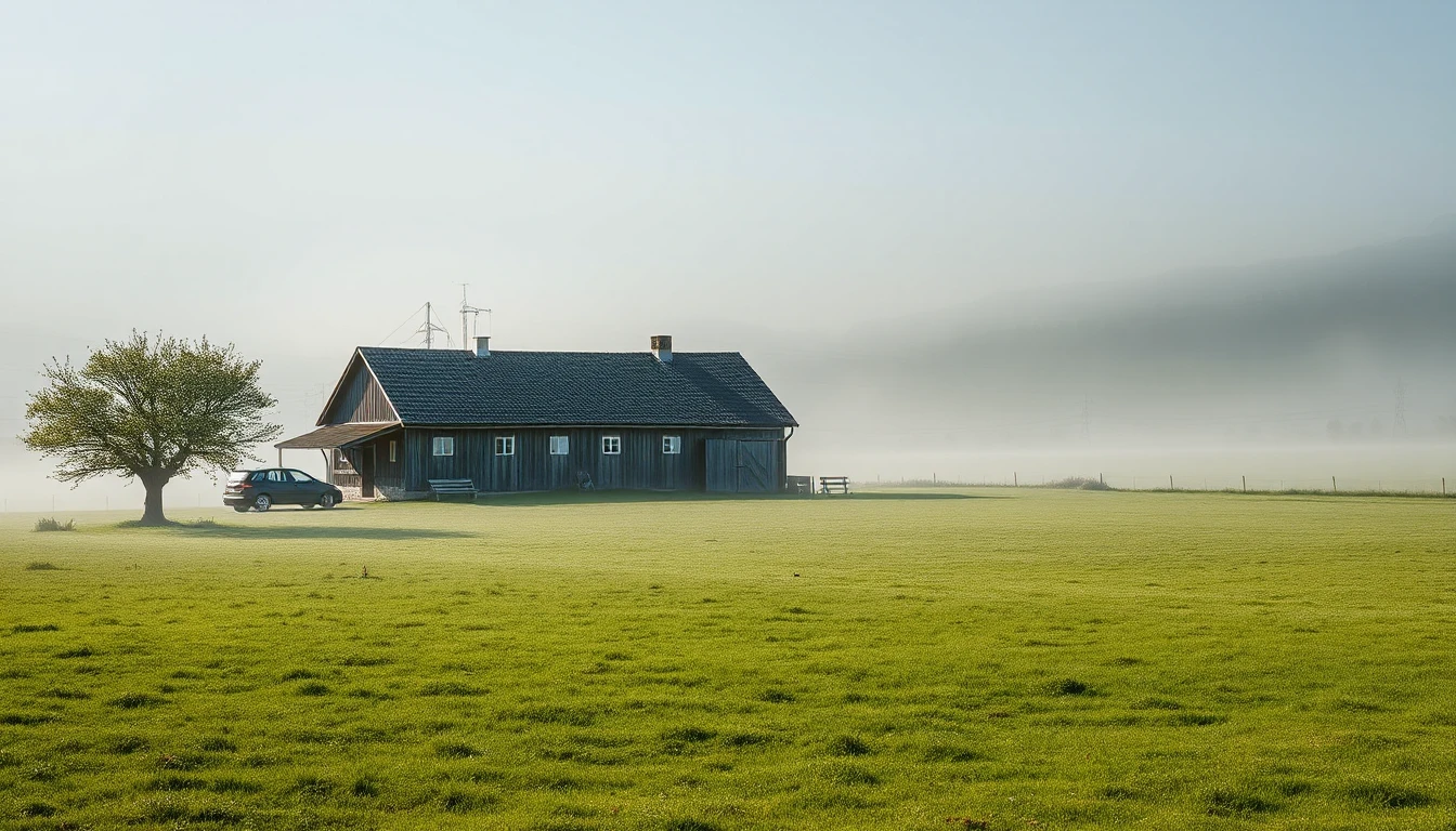 KI-Symbolbild: Ein einzelnes altes Holzhaus auf einer weiten grünen Wiese im Morgennebel, daneben ein Baum.