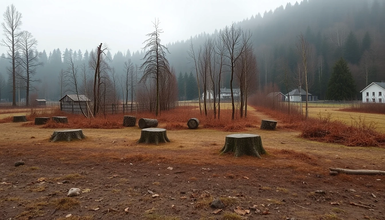 KI-Symbolbild: Eine Lichtung mit mehreren Baumstümpfen am Rand eines Dorfes, dahinter dichter Wald im kühlen Morgennebel.