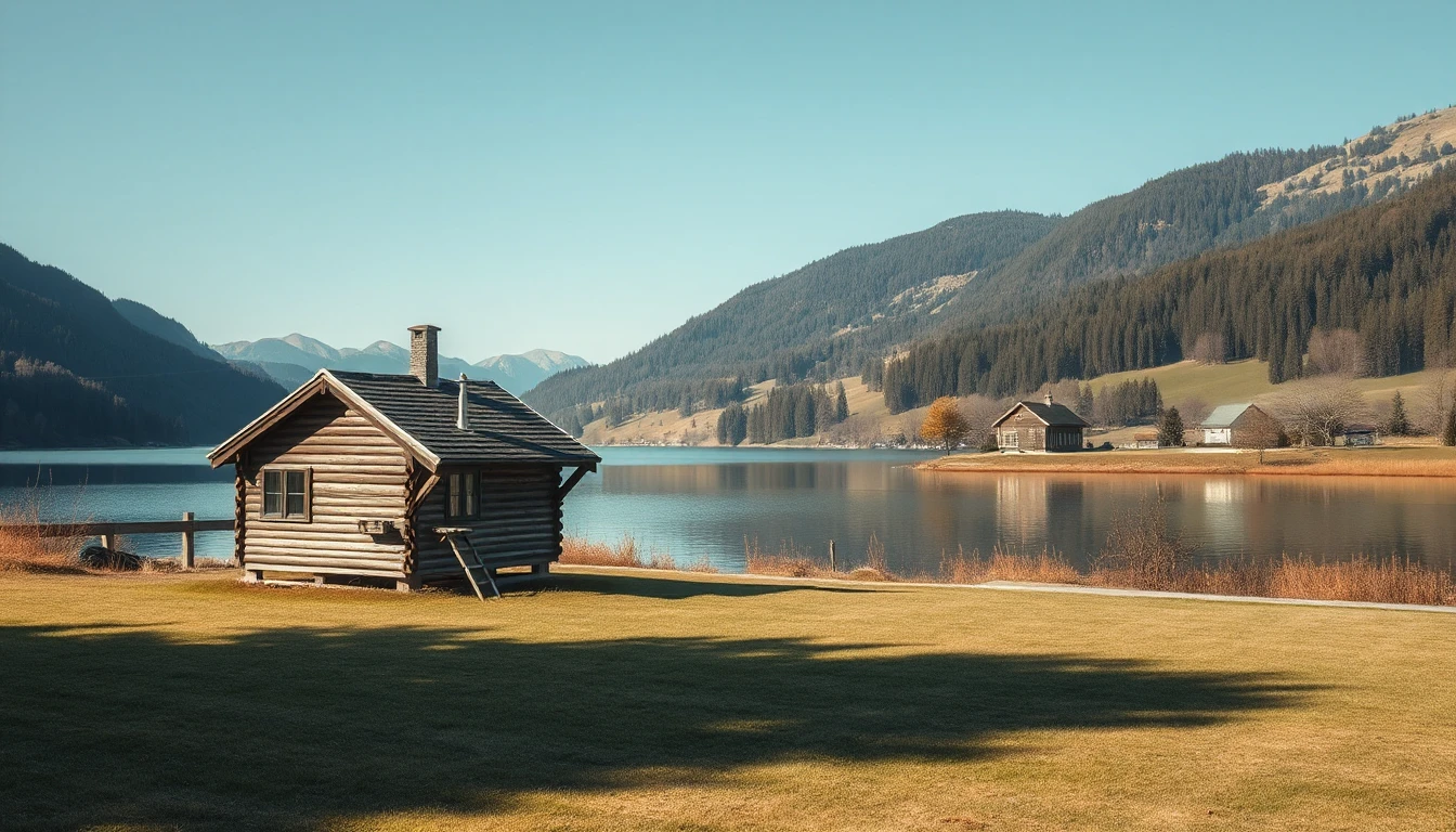 KI-Symbolbild: Ein kleines Holzwochenendhaus auf einer Wiese an einem Bergsee, in der Ferne ein Bauernhof vor bewaldeten Hängen.