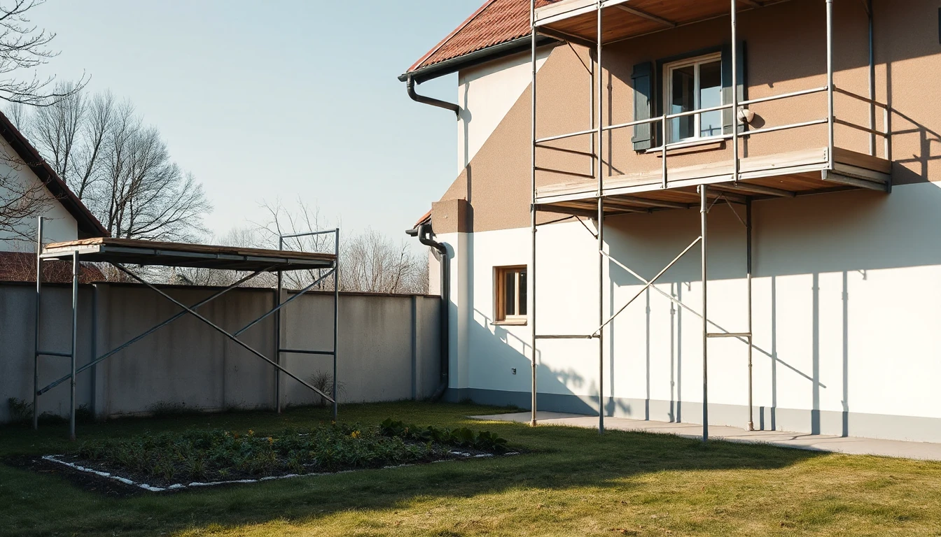KI-Symbolbild: Ein Baugerüst an der Seitenwand eines Hauses steht auf dem Rasen neben einem Gemüsebeet.