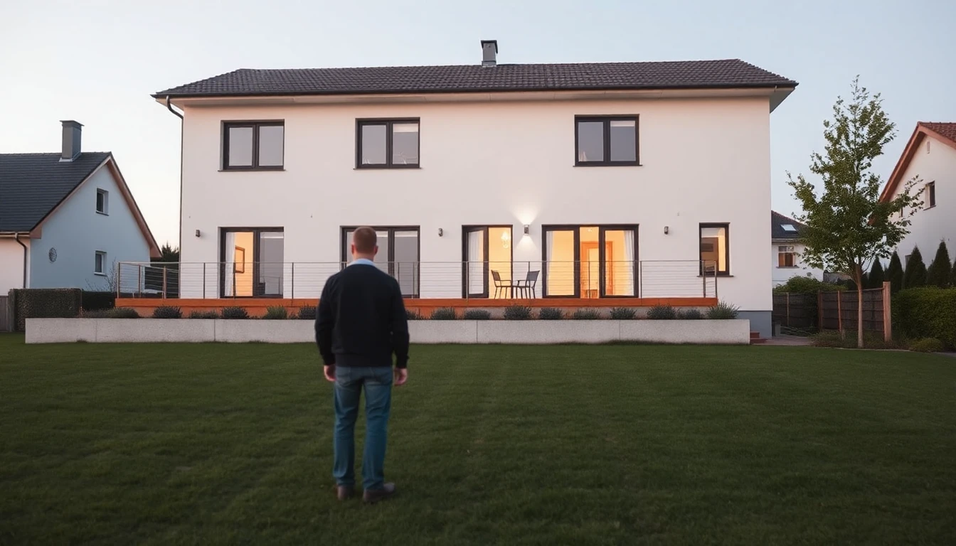 KI-Symbolbild: Eine Person steht von hinten gesehen auf frischem Rasen vor einem neu fertiggestellten weißen Einfamilienhaus mit Terrasse am Abend.