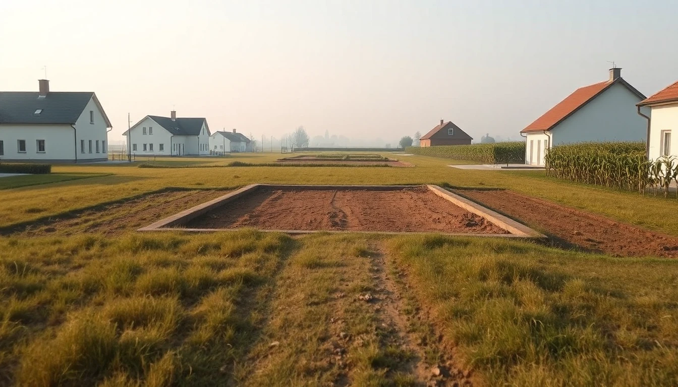 KI-Symbolbild: Ein Feldweg führt zu einem freigelegten, rechteckigen Grundstück zwischen Einfamilienhäusern, daneben wächst Mais im Morgendunst.