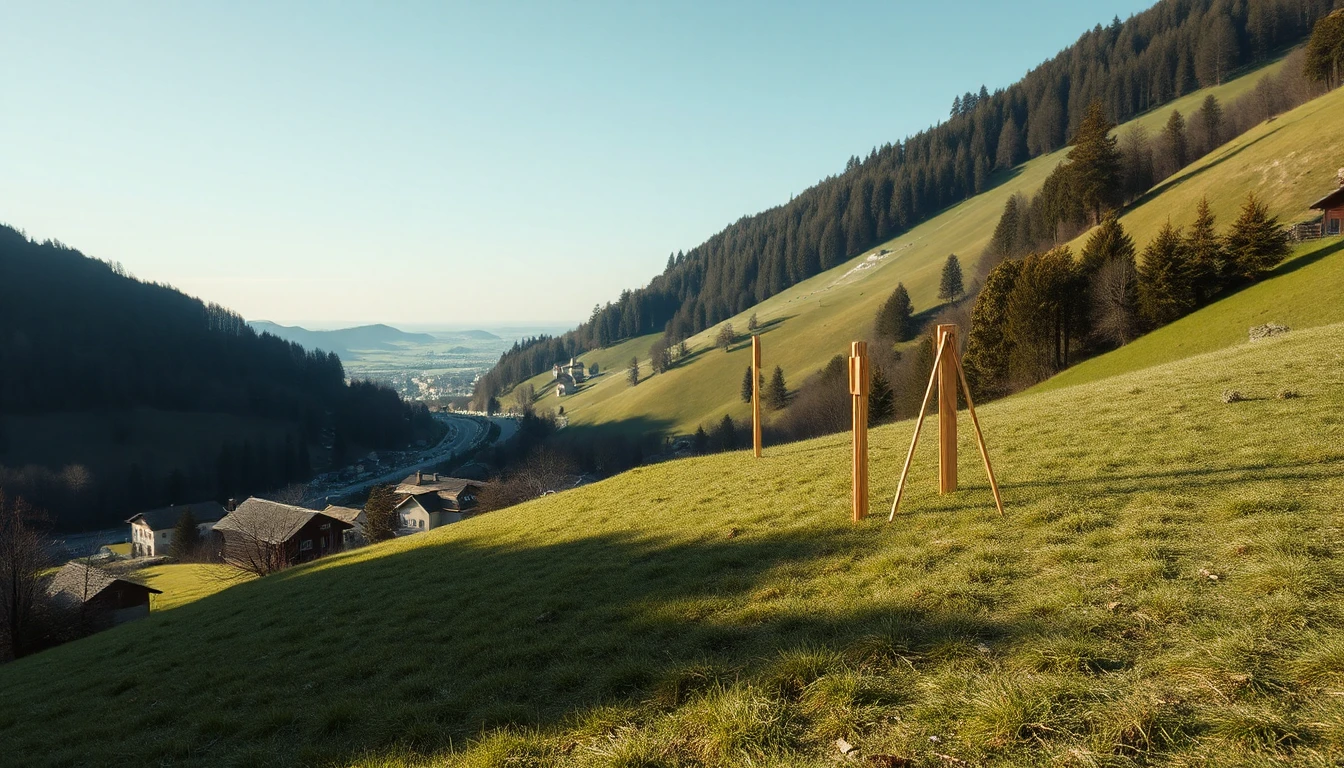 KI-Symbolbild: Steile grüne Hangwiese mit hölzernen Vermessungspfählen im Gras, darunter ein Dorf im Tal, im Hintergrund bewaldete Hänge.