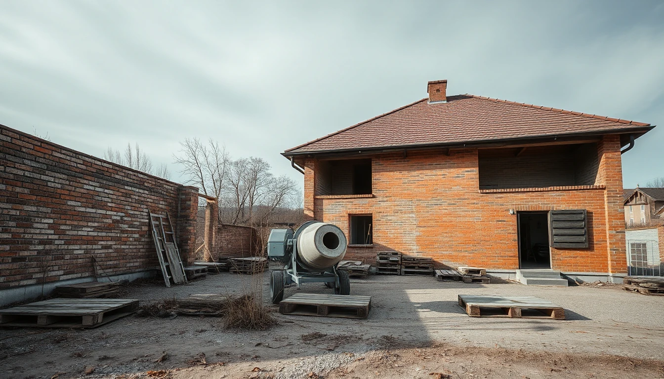 KI-Symbolbild: Ein unfertiger Ziegelbau steht still, davor ein Betonmischer, Holzpaletten und trockenes Unkraut unter grauem Himmel.