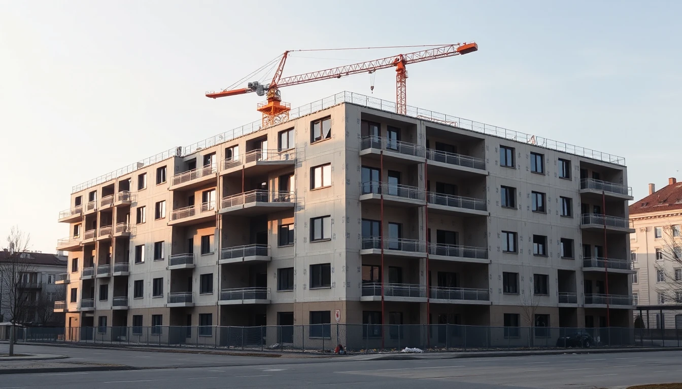 KI-Symbolbild: Ein mehrstöckiger Wohnneubau im Rohbau mit eingesetzten Fenstern steht hinter einem Bauzaun, darüber ragt ein Kran.