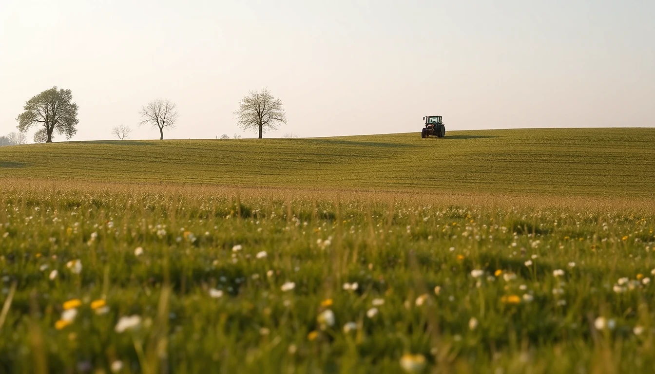 KI-Symbolbild: Eine blühende Wiese steigt sanft zu einem Hügel an, am Horizont stehen einzelne Bäume und ein kleiner Traktor.