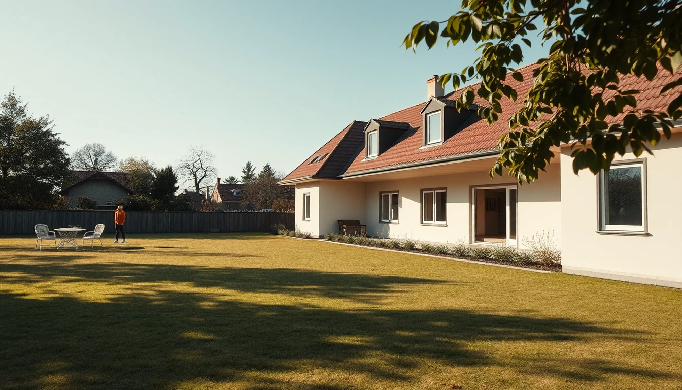 KI-Symbolbild: Ein Einfamilienhaus mit großem Garten, auf dem Rasen steht in einiger Entfernung eine junge Person neben Gartenmöbeln.