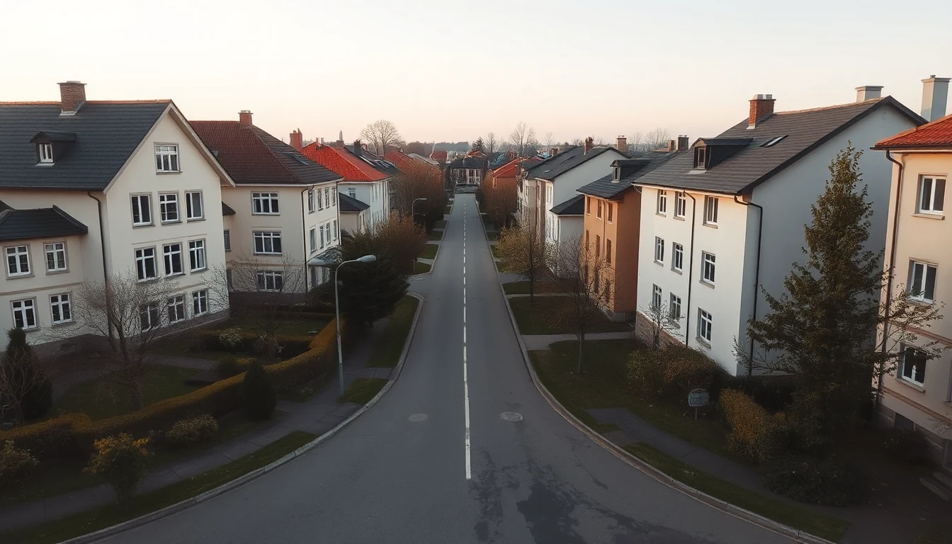 KI-Symbolbild: Blick von oben auf eine Wohnstraße mit Mehrfamilien- und Einfamilienhäusern und Gärten auf beiden Seiten.