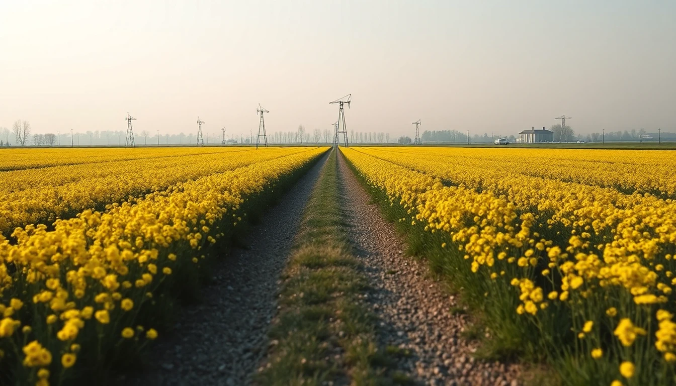KI-Symbolbild: Ein Schotterweg führt geradeaus durch ein blühendes Rapsfeld, am Horizont stehen Masten und ein einzelnes Haus.