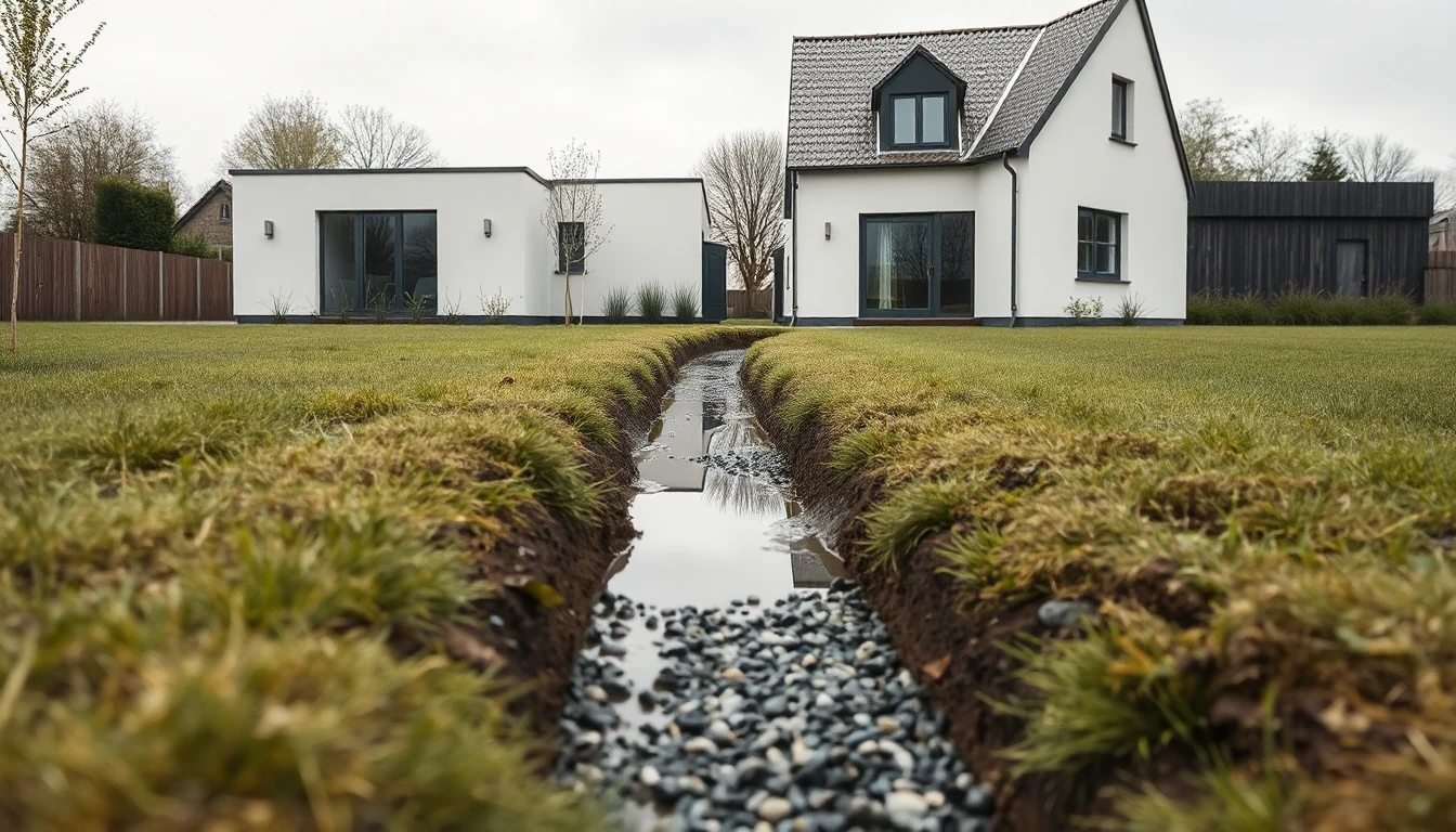 KI-Symbolbild: Ein mit Kies gefüllter Versickerungsgraben voller Regenwasser zieht sich durch den Rasen vor neu gebauten weißen Häusern.
