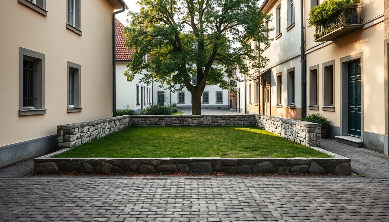 KI-Symbolbild: Ein rechteckiges, von einer Natursteinmauer eingefasstes Wiesengrundstück zwischen Wohnhäusern an einer gepflasterten Gasse, dahinter ein großer Baum.