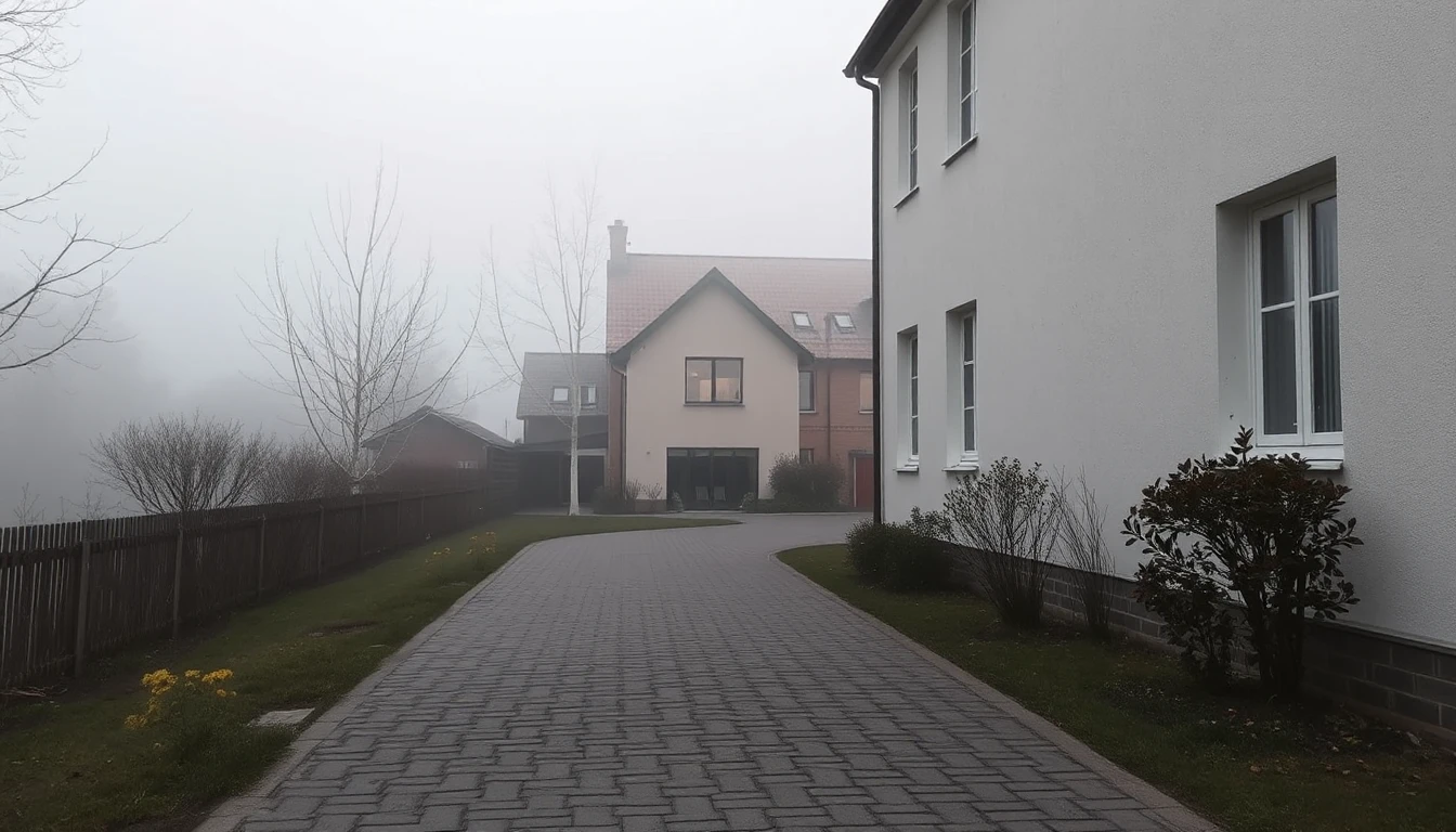 KI-Symbolbild: Eine gepflasterte Zufahrt führt im Morgennebel an der Seite eines Wohnhauses entlang zu einem dahinterliegenden Haus.