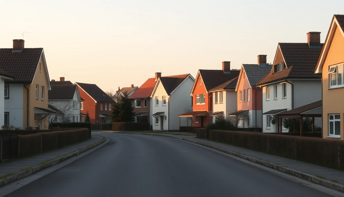 KI-Symbolbild: Eine geschwungene Dorfstraße mit unterschiedlichen Einfamilienhäusern, Hecken und vielfältigen Dächern im warmen Abendlicht.