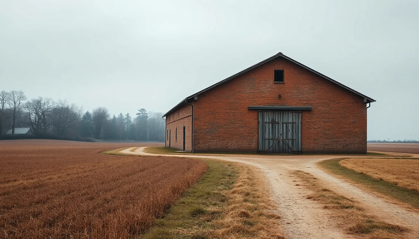 KI-Symbolbild: Eine alte Backsteinscheune mit geschlossenem Holztor steht allein zwischen Feldern, ein Feldweg führt zu ihr.