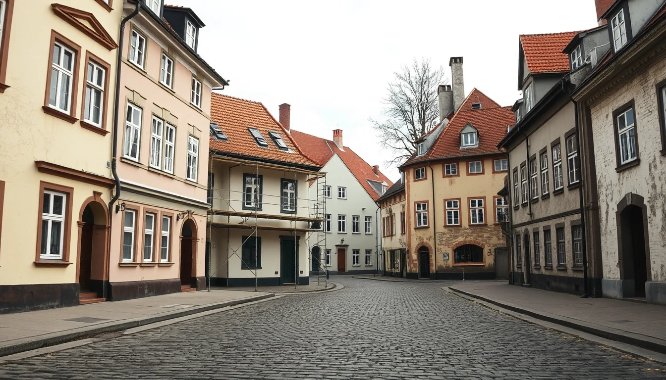 KI-Symbolbild: Eine leere Kopfsteinpflasterstraße in einer Altstadt mit sanierten Pastellfassaden, einem eingerüsteten Haus und einer verwitterten Fassade rechts.