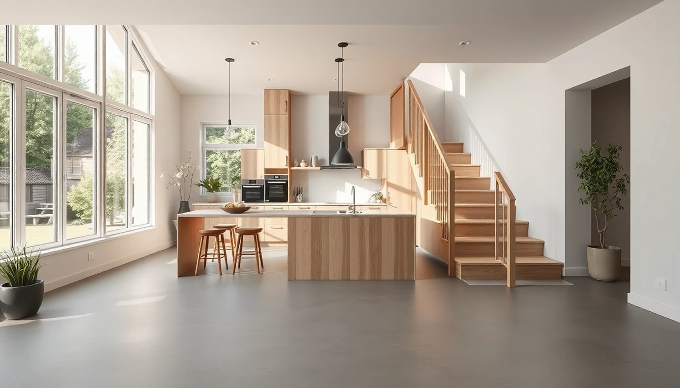 KI-Symbolbild: Ein heller Musterhaus-Innenraum mit offener Holzküche, einer hellen Holztreppe und großen Fenstern zum Garten.
