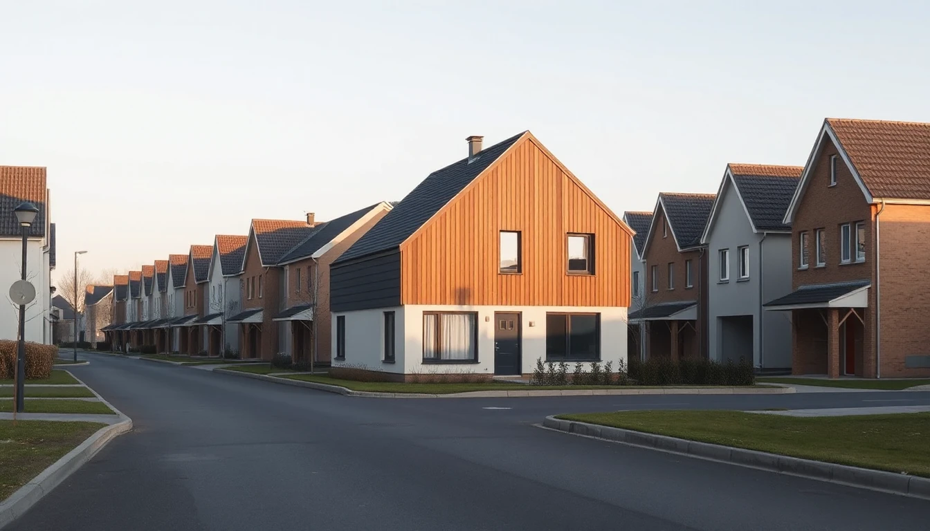 KI-Symbolbild: Ein modernes, holzverkleidetes Haus hebt sich in einer Neubaustraße von den umliegenden Satteldachhäusern ab.