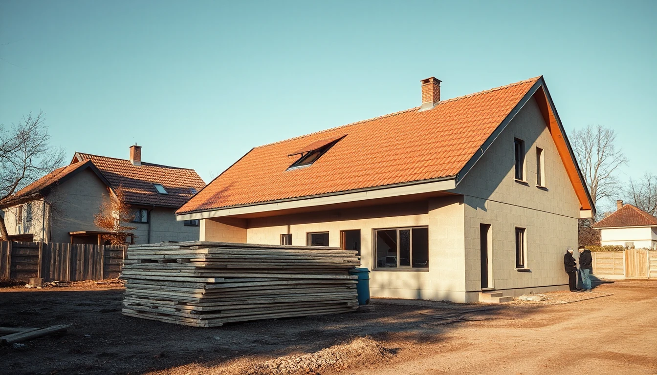 KI-Symbolbild: Ein Einfamilienhaus im Rohbau mit frisch gedecktem Ziegeldach, davor ein Stapel Dachlatten, am Rand zwei kleine Arbeiter.