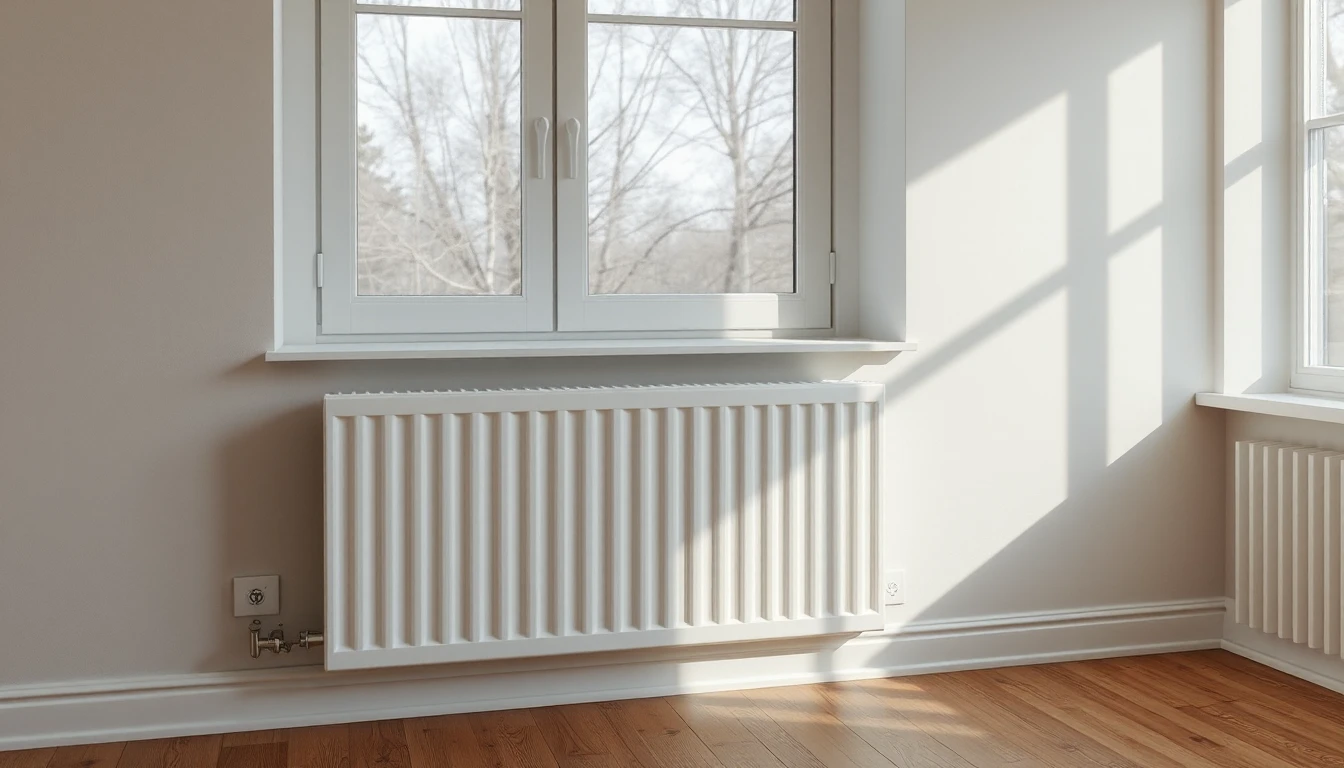KI-Symbolbild: Weißer Heizkörper mit Ventil unter einem Fenster mit Blick auf kahle Bäume in einem hellen Zimmer mit Holzboden.