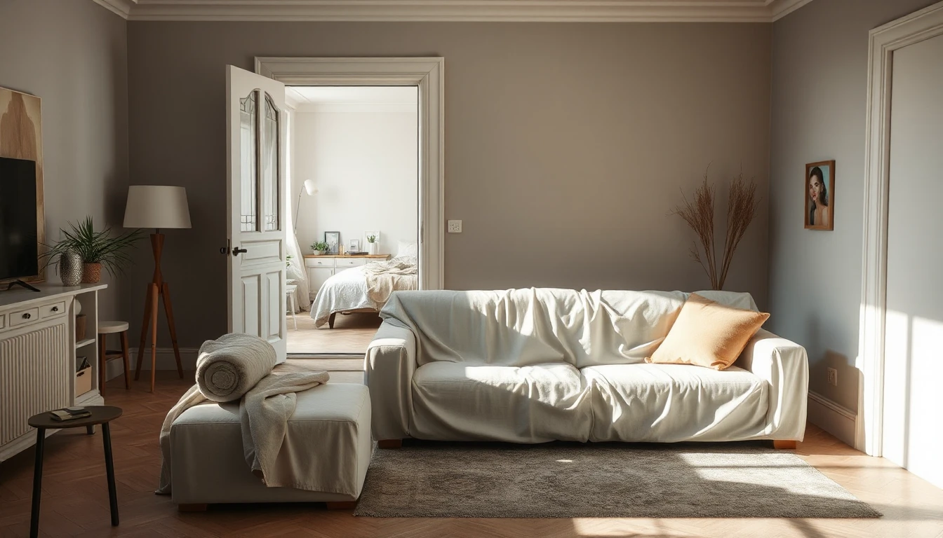 KI-Symbolbild: Bewohntes Wohnzimmer mit Sofa und Hocker unter hellen Schutztüchern, durch die offene Tür ist ein helles Schlafzimmer zu sehen.