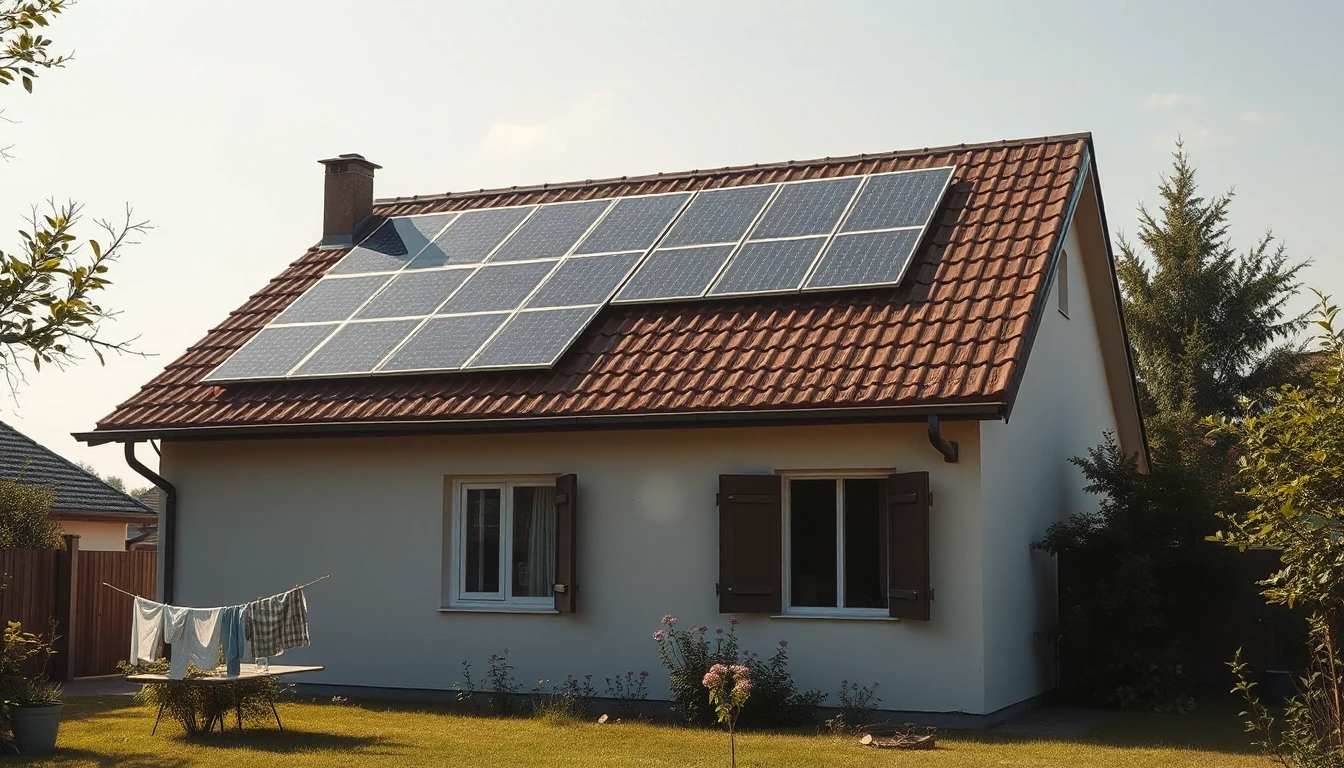 KI-Symbolbild: Einfamilienhaus mit Solarmodulen auf dem Dach, im Garten trocknet Wäsche auf einer Leine, ein Fenster ist geöffnet.