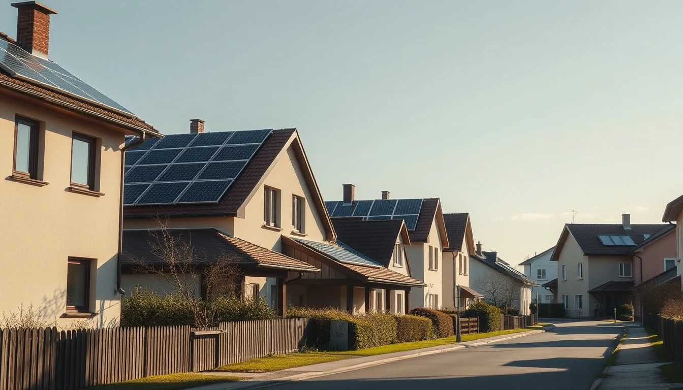 KI-Symbolbild: Ruhige Wohnstraße mit mehreren Einfamilienhäusern, auf deren Dächern Solarmodule liegen, im warmen Nachmittagslicht.