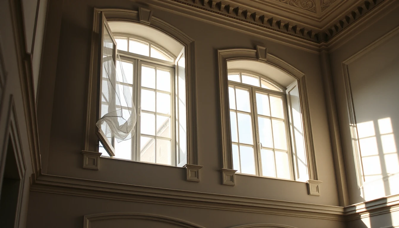 KI-Symbolbild: Hoher Altbauraum mit Stuckverzierung und Bogenfenstern, ein Fenster ist geöffnet und ein dünner Vorhang bewegt sich im Luftzug.