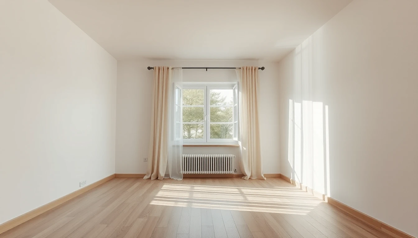 KI-Symbolbild: Leerer, frisch renovierter Raum mit hellem Parkettboden, geöffnetem Fenster, hellen Vorhängen und einem Heizkörper im Tageslicht.