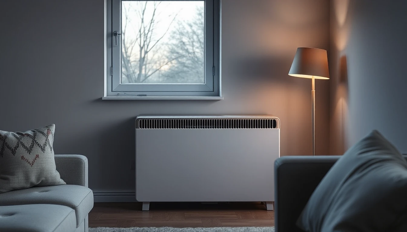 KI-Symbolbild: In einem abendlich beleuchteten Wohnzimmer steht ein flacher, rechteckiger Heizkasten unter dem Fenster, daneben eine Stehlampe und ein Sofa.