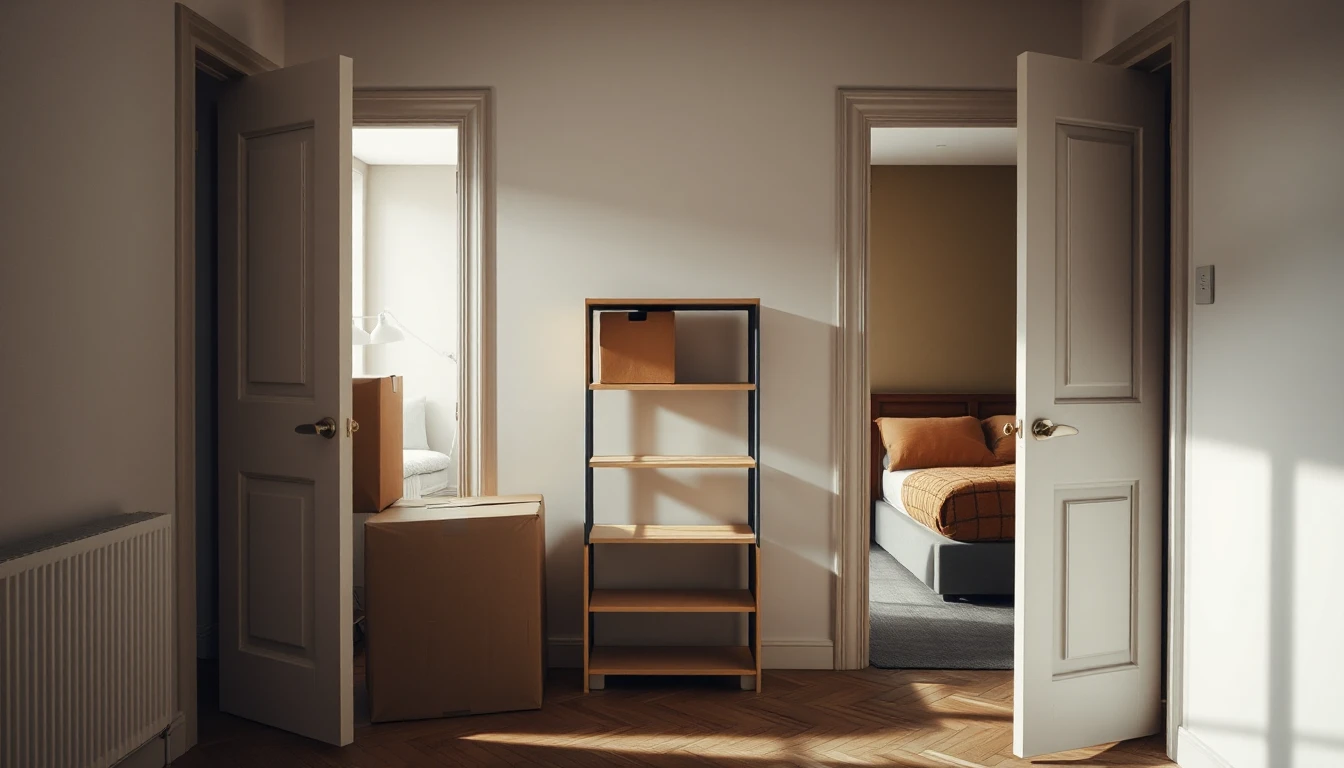 KI-Symbolbild: Flur einer Wohnung mit zwei offenen Zimmertüren, dazwischen Umzugskartons und ein Regal, im Hintergrund ein Schlafzimmer.