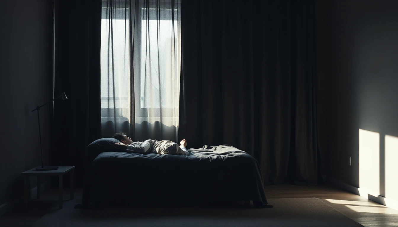 KI-Symbolbild: Ein abgedunkeltes Schlafzimmer mit schweren Vorhängen, auf dem Bett ruht eine Person, seitlich fällt ein Sonnenstreifen herein.