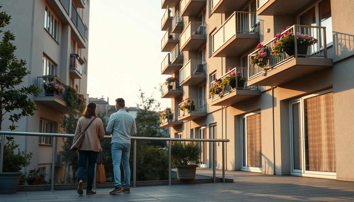 KI-Symbolbild: Zwei Personen stehen von hinten gesehen auf einer Terrasse vor einem Wohnhaus mit blühenden Balkonkästen im Abendlicht.
