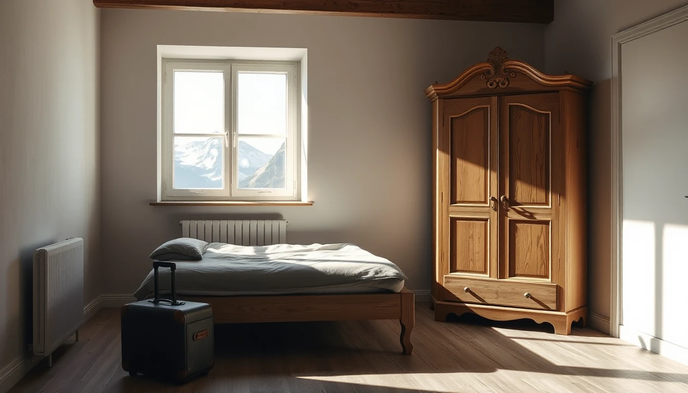 KI-Symbolbild: Ein schlichtes Gästezimmer mit Holzbett, altem Holzschrank und Koffer, durch das Fenster sind verschneite Berge zu sehen.