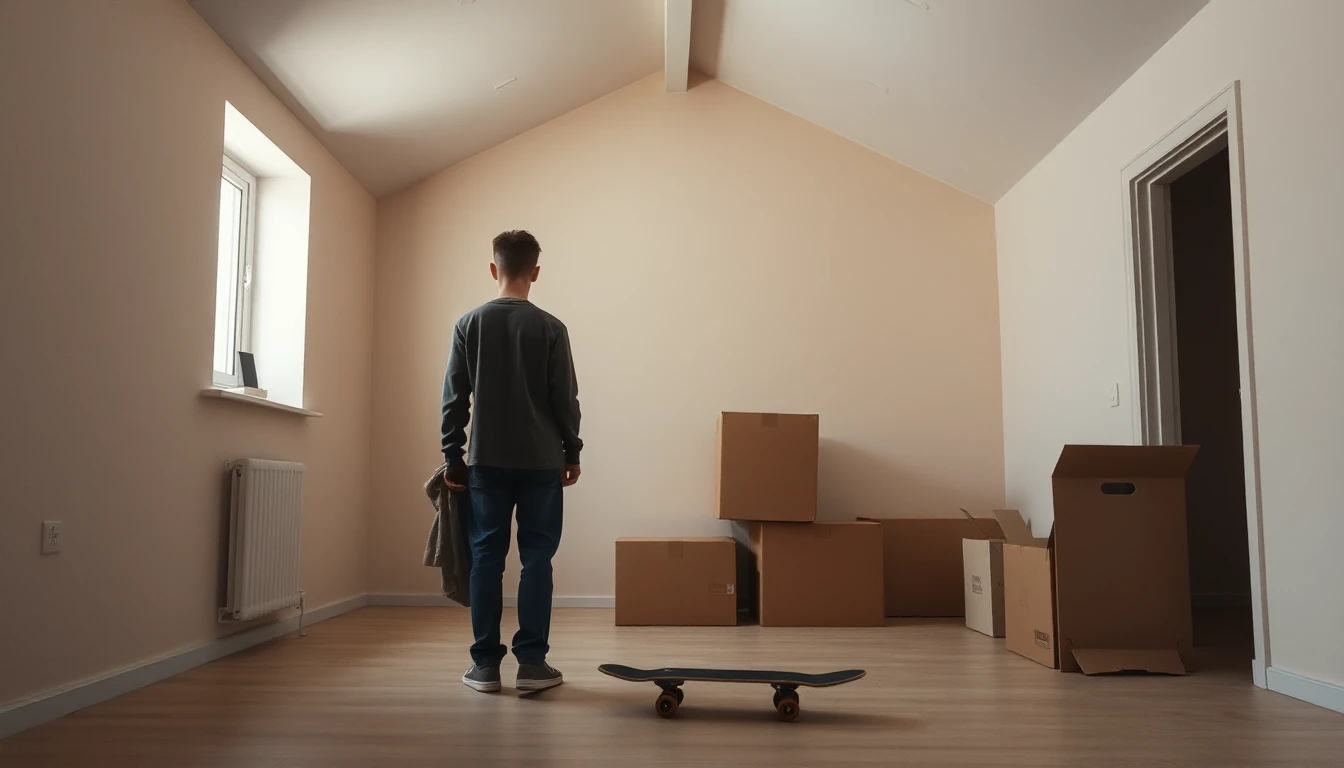 KI-Symbolbild: Ein Jugendlicher steht von hinten gesehen in einem leeren Dachzimmer mit Umzugskartons und einem Skateboard am Boden.