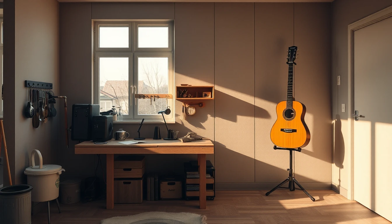 KI-Symbolbild: Eine Hobbyecke mit Holzwerkbank, Werkzeugleiste an der Wand und einer Gitarre auf einem Ständer im warmen Abendlicht.