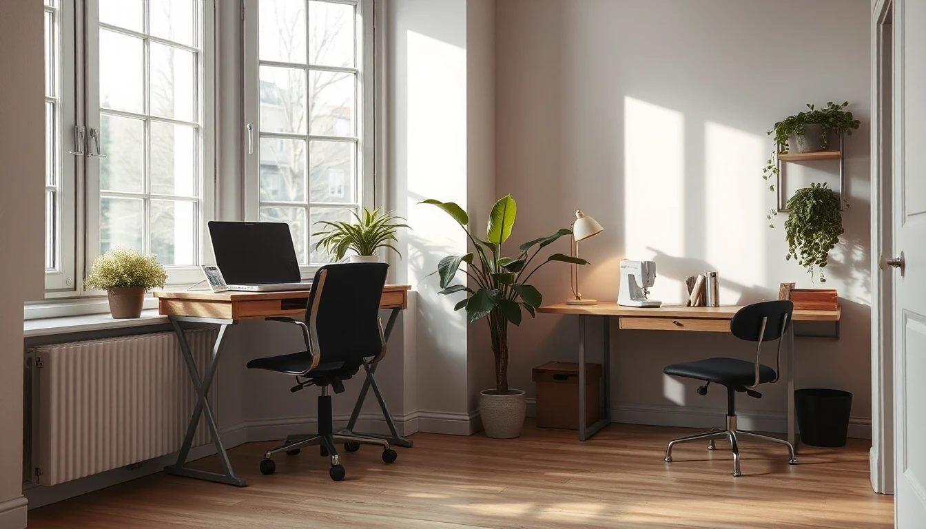 KI-Symbolbild: Ein helles Zimmer mit zwei getrennten Arbeitsplätzen, links ein Schreibtisch mit Laptop am Fenster, rechts ein Tisch mit Nähmaschine.
