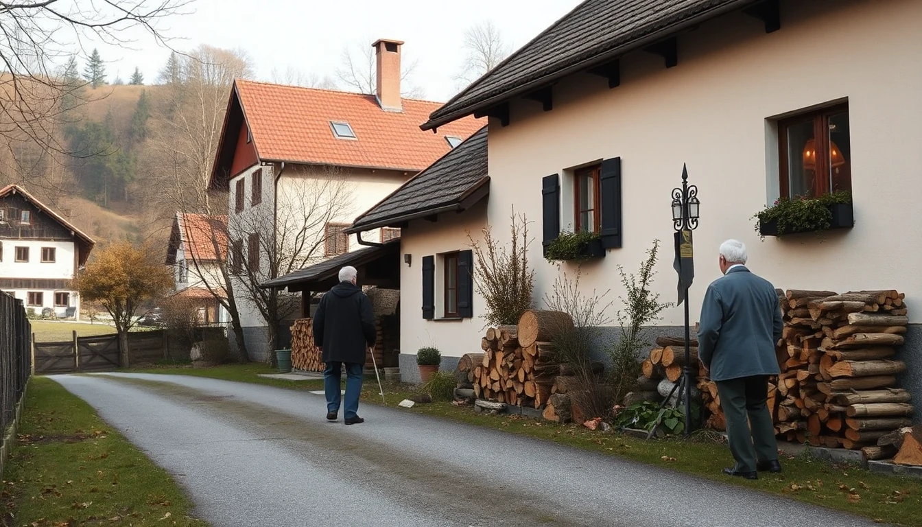 KI-Symbolbild: Zwei ältere Menschen gehen von hinten gesehen eine Dorfstraße entlang, an der Hauswand ist Brennholz gestapelt.
