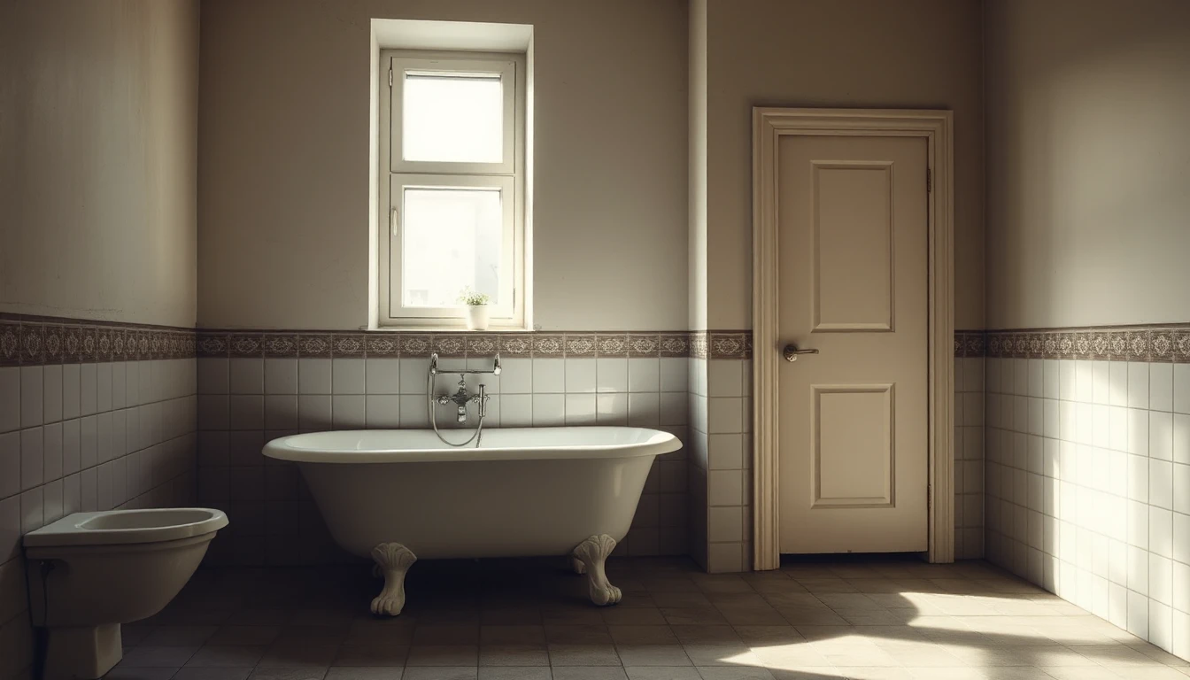 KI-Symbolbild: Ein älteres Badezimmer mit freistehender Badewanne, gefliesten Wänden, kleinem Fenster und schmaler Tür.