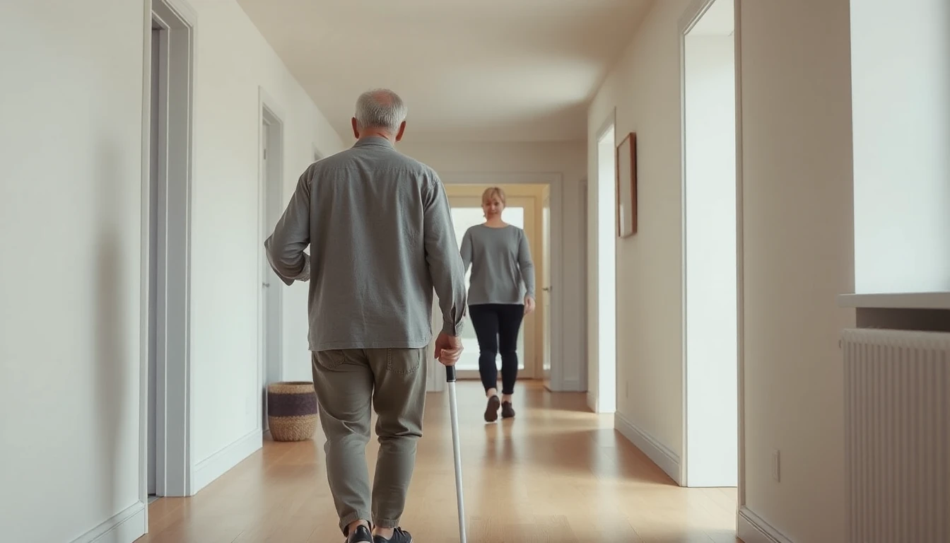 KI-Symbolbild: Ein Mann mit weißem Langstock geht von hinten gesehen durch einen hellen Flur einer Wohnung, im Hintergrund kommt ihm eine zweite Person entgegen.
