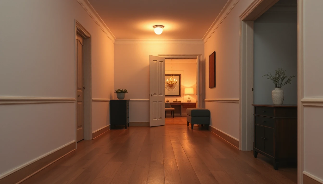 KI-Symbolbild: Ein Wohnungsflur mit Holzboden und warmem Deckenlicht, durch eine offene Tür blickt man ins Wohnzimmer.