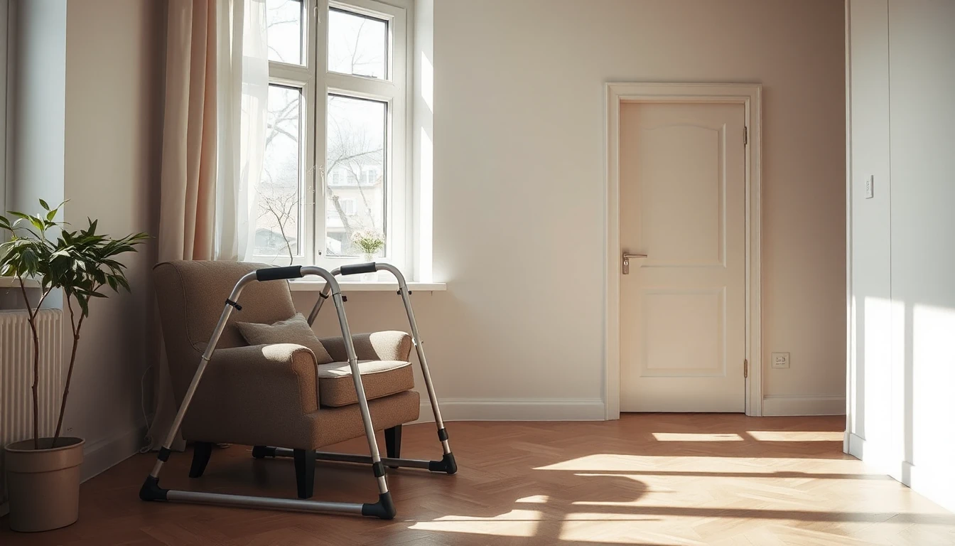 KI-Symbolbild: Helles Wohnzimmer mit Parkettboden, in dem ein Gehrahmen vor einem Polstersessel am Fenster steht und der Weg zur Tür frei bleibt.