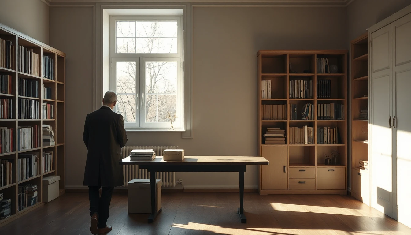 KI-Symbolbild: Ein Mann steht von hinten gesehen in einem Arbeitszimmer mit Bücherregalen und schlichten Archivkisten am Fenster.