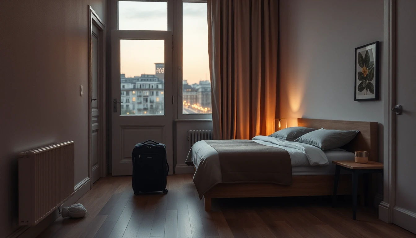 KI-Symbolbild: Eine kleine möblierte Wohnung am Abend mit gemachtem Bett und Koffer an der Balkontür, draußen leuchtet die Stadt.