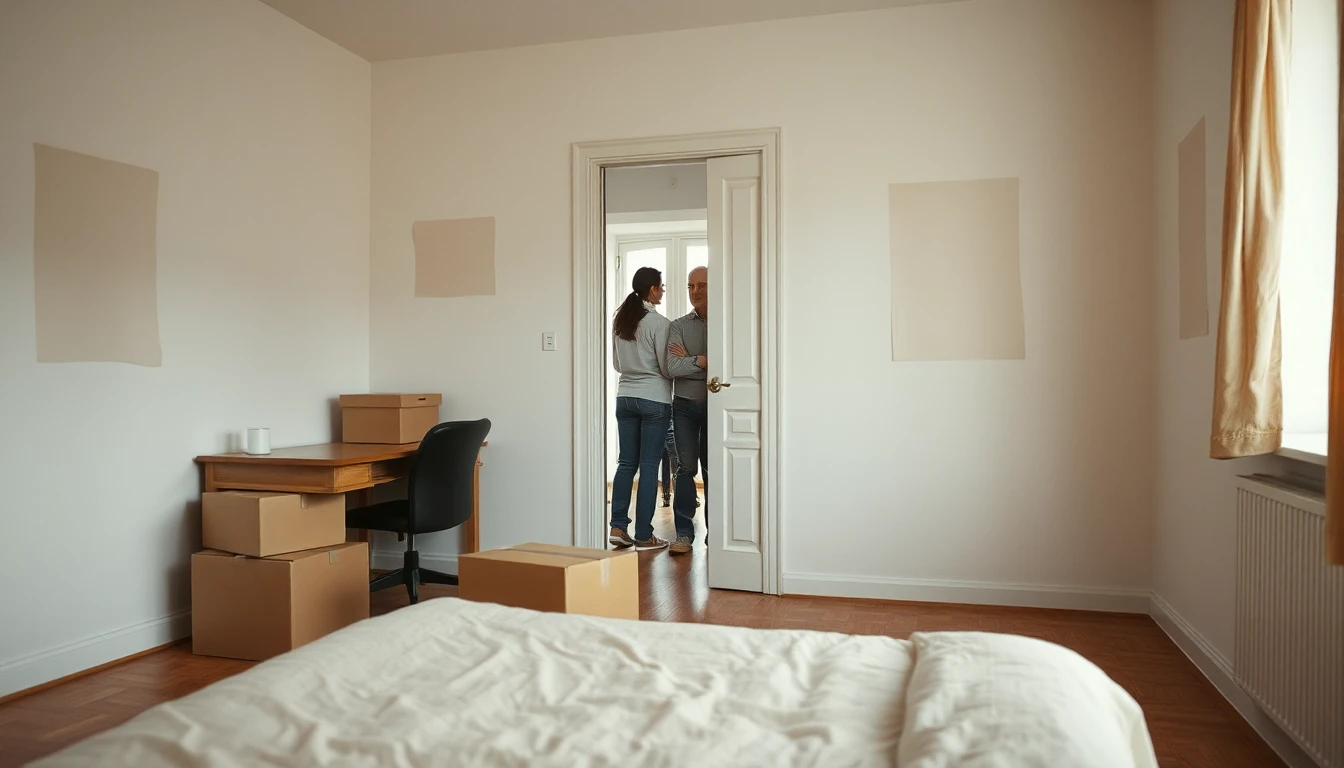 KI-Symbolbild: Leeres Jugendzimmer mit hellen Flecken an der Wand, Umzugskartons und Schreibtisch, im Türrahmen stehen zwei Erwachsene und sprechen miteinander.